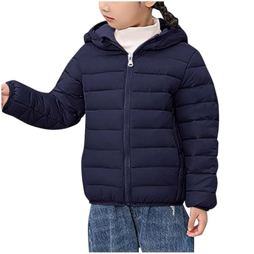 Image of AMhomely Kids Lightweight Puffer Jacket-Hooded Padded Down Coat with Pocket,Windproof,Full Zip,Winter Quilted Jacket for Outdoor School,Boys Girls B Navy 14-16 Years