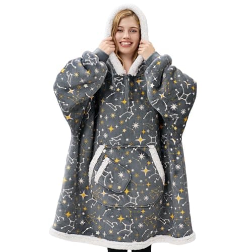 Image of Giggling Getup Wearable Blanket Hoodie for Adults Gifts for Teen Girls Sister Women Sherpa Fleece Printed Hooded Blanket Sweatshirt Warm Cozy with Pocket & Sleeves Grey Glowing Stars