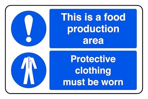 Image of This Is A Food Production Area Protective Clothing Must Be Worn - safety sign - High tack self-adhesive sticker (150mm x 100mm) Viewing Distance within 3m.