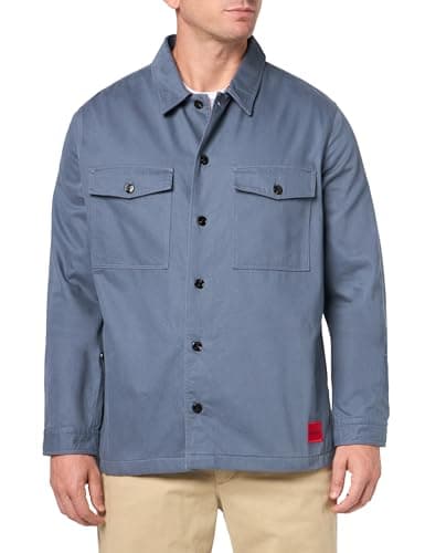 Image of HUGO Men's Twill Patch Pockets Button Down Overshirt, Amalfi Blue, Medium