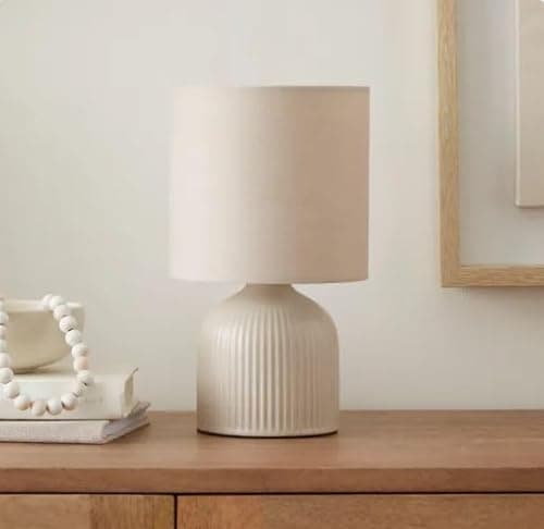 Image of RA-HOMESTORE® New Small But Elegant Ribbed Ceramic Table Lamp Bedside Table Lamp Ceramic Base and Fabric Shade (25cm) (Cream)