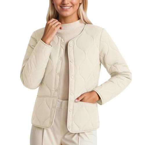 Image of Eauptffy Quilted Jacket Women's Stand-Up Collar Transition Jacket Button Down Jacket Warm Winter Jacket Long Sleeve Loose Outdoor Jacket Plain Quilted Coat with Pocket Padded Winter Coat, Z3 White, M