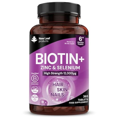 Image of Biotin Hair Growth Vitamins 12,000mcg 365 D-Biotin Tablets Enriched with Zinc & Selenium – Vegan Hair Skin & Nails Vitamins for Women and Men High Strength Hair Vitamins - UK Made By New Leaf