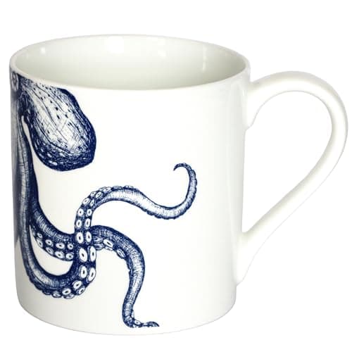 Image of Cream Cornwall Bone China Mug - Octopus | Premium Tea & Coffee Mug with Hand-Drawn Sealife Artwork | Lightweight, Durable China Mug Gift for Nature, Animal & Ocean Lovers (1 x, 375 ml)