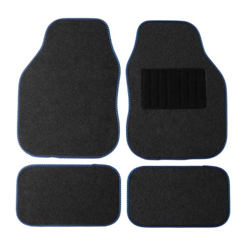 Image of Sakura Car Mat Set of 4 Heavy Duty Hard Wearing Carpet Water Repellent Flexible Grey with Blue Trim Universal Fit Front Rear Heelpad Non-Slip Backing RHD