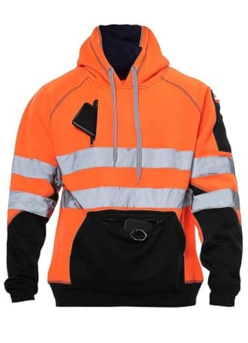 Image of BSBAAA FASHIONS® Hi Viz Hoodie Sweatshirt Safety Work Reflective Tape Band Work Warm Security High Visibility Sweatshirt 3 Zip Pocket Pullover Hooded Top (Orange-Black, M)