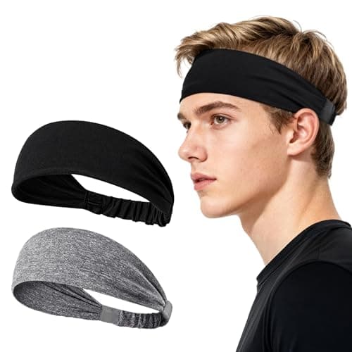 Image of Sularpek 2 Pack Sports Headbands for Men and Women, Elastic Sweatband for Running, Gym, Cycling, Yoga and Workouts, Moisture Wicking Stretchy Hair Band, Black and Grey