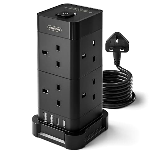 Image of VonHaus Tower Extension Lead (3250W 13A), Surge Protection Extension Socket with 8 AC Outlets, 2 USB Ports & 2 USB-C Ports for Faster Charging, 2M Plug Lead w/Switch for Office, Home, Kitchen