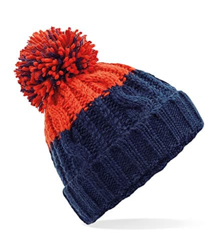Image of ASVP Shop Corkscrew Cable Knitted Bobble Hat Plain Mens Womens Beanie Warm Winter Pom Wooly Cap (Oxford Navy/Fire Red)