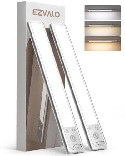 Image of EZVALO Under Cabinet Kitchen Lights, 3 Color Dimmable 62 LED Motion Sensor Lights Indoor, 1600mAh Rechargeable LED Lights for Cupboard, Kitchen (20.5cm, 2 Pack)