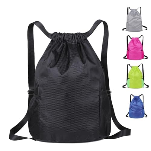 Image of Toced Drawstring Swimming Bag, Waterproof Swim PE Bag for Kids Oxford Fabric Large Sports Backpack String Gym Sack for School Travel Holidays Climbing Hiking(Black)