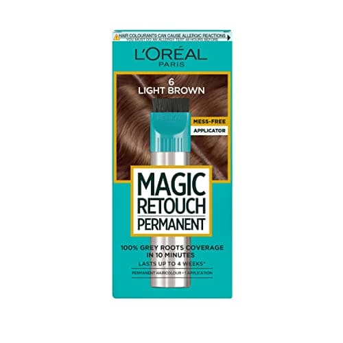 Image of L'Oréal Paris Magic Retouch Instant Root Spray, Light Brown 6. Gives flawless coverage for grey regrowth in 3 seconds. This 75ml spray offers quick, easy, and natural-looking root touch-up.