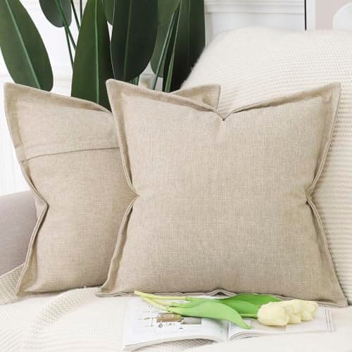 Image of Madizz Set of 2 Faux Linen Cushion Covers with Broad Edge Soft Boho Decorative Pillow Cases for Sofa Bedroom Modern Pillow Shell 16x16 inch, 40x40 cm Beige