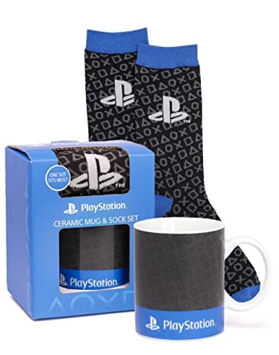 Image of PlayStation Cup and Socks for Kids | Video Game Console Logo Coffee Mug One Size Socks | Gaming Presents Birthday Christmas | Blue Black Ceramic Homeware 11oz