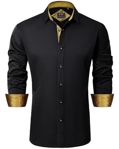Image of J.VER Mens Shirts Long Sleeve Formal Dress Non Iron Stretch Smart Casual Button Down Fashion Regular Fit Shirt with Pocket Black Gold M