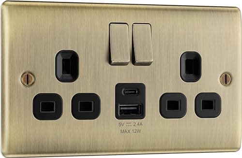 Image of BG Electrical 12W Double Switched Power Wall Plug Socket with USB A and USB C Charging Ports, Nexus Metal, Antique Brass, 13A, NAB22UAC12B