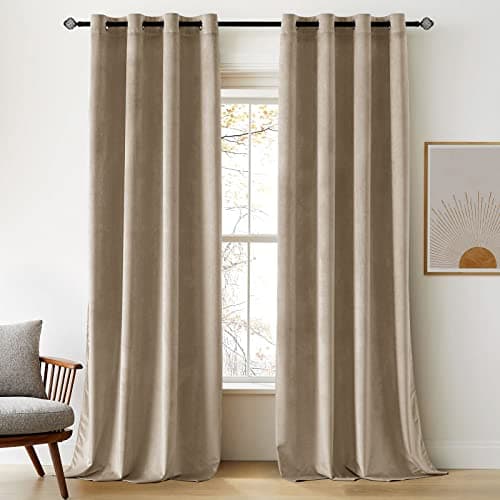 Image of Woaboy Velvet Curtains 90 Drop Taupe Curtain for Living Room Thermal Blackout for Bedroom Luxury Eyelet Drapes Super Soft Window Treatment Insulated Soundproof & Room Darkening W 46 x L 90 2 Panels
