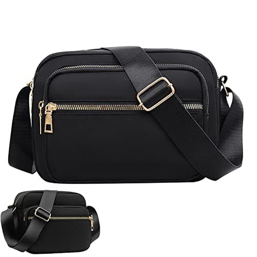 Image of KEYRI Women Crossbody Bag with 3 Zip Compartments Shoulder Handbag with Adjustable Wide Strap Multipurpose Zipper Nylon Waterproof Cross Body Phone Bag for Ladies Girls Casual Travel Purse (Black)