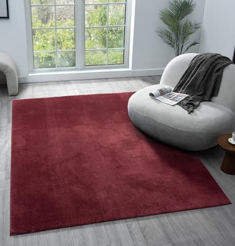 Image of Rugs by Desire Comfy Washable Modern Living Room Rug Polyester Plain Indoor Area Rug with Low Pile - Anti-Slip Felt Backing SuperSoft Carpet Bedroom-Hallway, Red, 80x120 cm