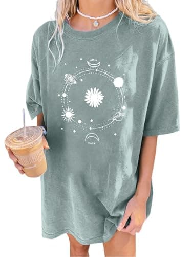 Image of Remidoo Women's Casual Oversized T Shirt Short Sleeve Graphic Tee Letter Sun Moon Shirts, Powder Blue, S-green, S