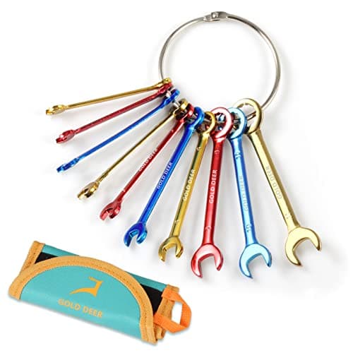 Image of GOLD DEER 10-Piece Color Plated Small Wrench Combination Set 4-11mm - Extra Slim Mini Spanners With Open and Box End Ignition - Roll Pouch and Big Ring