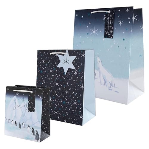 Image of Hallmark Gift Bags, Pack of 3, Large, Medium, Small, Christmas, Arctic Design, Polar Bear, Starry Night, Penguins, Navy, Blue, White