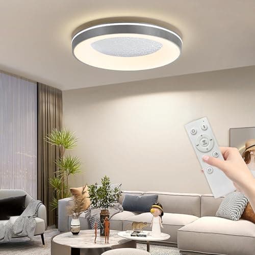 Image of Mikeru LED Flush Ceiling Light, 60cm Grey Round Ceiling Light Dimmable 10% to 100% 3000K/4500K/6500K 3 Color Change Large Lights with Remote Control for Living Room, Office