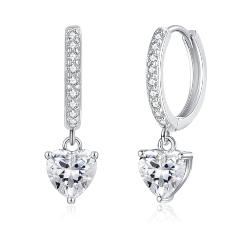 Image of Cangall Silver Heart-Shape Drop Hoop Earrings, Dainty CZ Heart Dangle Earrings for Teen Girls, Hypoallergenic Cute Cartilage Sleeper Silver Earrings