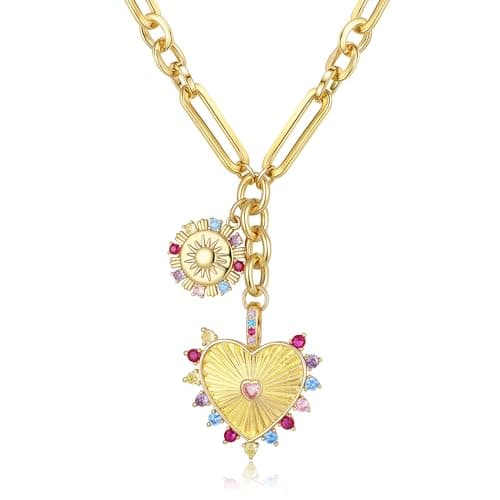 Image of Ever Faith Chunky Gold Necklace for Women, Sun Heart Charm Choker Necklaces 18K Gold Plated Pendant Paperclip Chain Fashion Trendy Hip Hop Unisex Jewellery Hypoallergenic 15.35-18.6 Inches