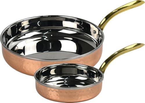 Image of Catergold Set of 2 Traditional Hammered Pans Copper and Stainless Steel with Brass Handles Professional Kitchen Frying Pans for Gas, Electric & Induction Stoves (2X 13.5cm & 18.5cm)