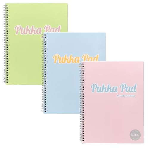 Image of Pukka Pad Pastel A4 Jotta Notebooks – Pack of 3 Wirebound Notepads with 200 Pages, 100 Sheets of 80GSM 8mm Feint Ruled Paper and Perforated 4-Hole Punched Margins – Pink, Blue, & Green, 29.7 x 22.4 cm