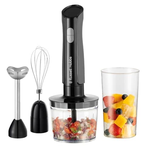 Image of Russell Hobbs Hand Blender [3-in-1 Hand Mixer] Electric Chopper (Food Processor with 3 Attachments for Baby Food, Smoothies, Soup, 2 speeds + pulse, Stainless steel, BPA-Free) Matte Charcoal 27141