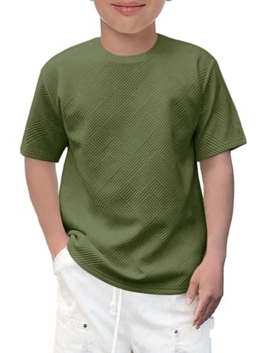 Image of Haloumoning Boys' T-Shirt Short Sleeve Crew Neck Tops Kids Summer Solid Color Geometric Pattern Top Casual Basic Tees 5-14 Years, Army Green, 11-12 Years