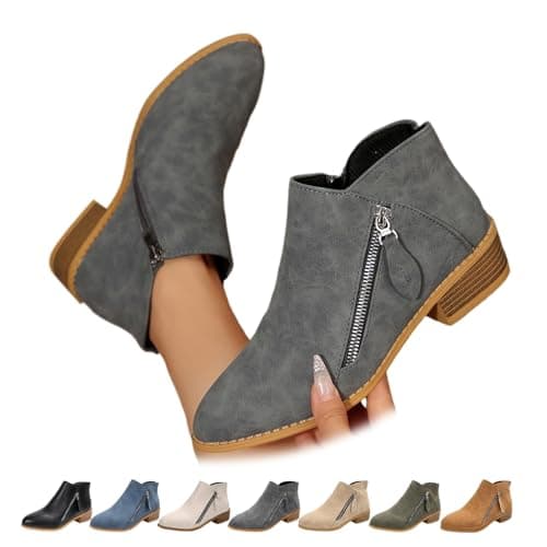 Image of ZPLMIDE Women's Suede Chunky Heel Walking Ankle Boots with Side Zipper, Retro Fashion Pointed Toe Low Block Heel Comfortable Work Boots (Grey-PU,38EU)
