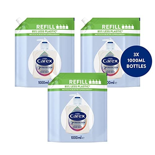 Image of Carex 2 Hour Protection Antibacterial Moisture Hand Wash Refills, Liquid Hand Soap Eco Refill for Homes & Businesses, Caring Hand Wash, Bulk Buy, Pack of 3 x 1 litre