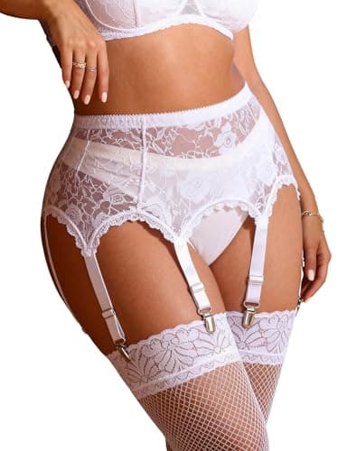 Image of comeondear Women Lace High Waisted Garter Belt White Suspenders with Durable Stainless Steel Non-Slip Clips Plus Size 6 Widened Straps Lingerie Set for Stockings