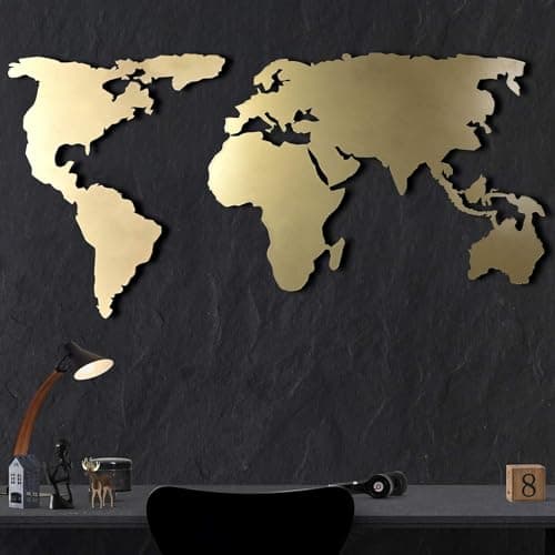 Image of Tubibu World Map Wall Art, 100% Metal World Map 2D, Sculpture, Large and Wide - Wall Hanging for Living Room, Bedroom, Dorm (Gold, (23.6" X 47.2") 60x120 cm)