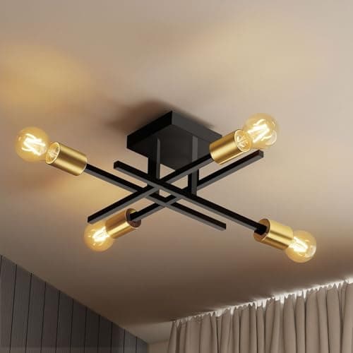 Image of Emitto Chandelier Ceiling Lights Living Room, 4 Light Modern Sputnik Industrial Ceiling Light, Black and Gold Metal Flush Mount with E27 Base, for Bedroom, Kitchen, Dining Room, Hallway