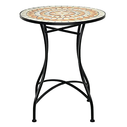 Image of TANGZON Mosaic Garden Table, Heavy Duty X-Shaped Metal Frame Round Outdoor Table, Bistro Patio End Side Tables for Home Balcony Backyard Terrace (Black + Orange)