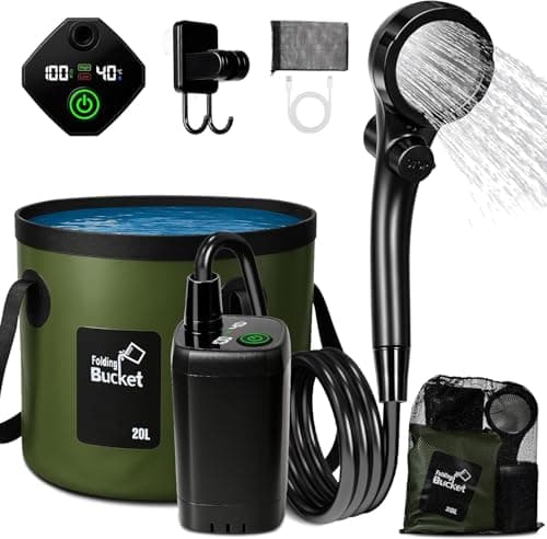 Image of Portable Shower for Camping, 6000mAh Rechargeable Camping Shower with Foldable Bucket, Storage Bag, Filtered Shower Head, Outdoor Camp Shower Pump for Hiking, RV, Traveling, Car Washing, Pet Bath