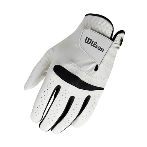Image of Wilson Feel Plus Men's Golf Glove, Made with Premium Leather, Provides Enhanced Grip and Sweat Control, Colour: White, Size: ML (Left Hand)