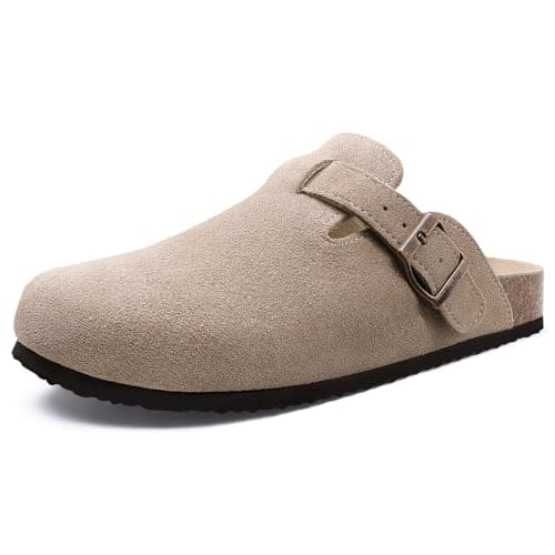 Image of Beslip Women's Suede Clogs Soft Cork Footbed Leather Mules Comfort Potato Shoes with Arch Support, Taupe Women Size 5.5-6