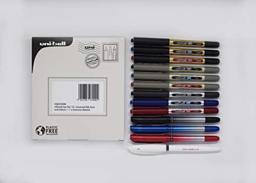 Image of uni-ball Ultimate Eye Rollerball Black, Blue, Red Ink Pens Set. Broad 1.0mm, Fine 0.7mm, Micro 0.5mm, Needle 0.4mm Ballpoint Tip + Signo Gel Pen. Fade and Water Resistant Liquid Uni Super Ink. 13 Pack