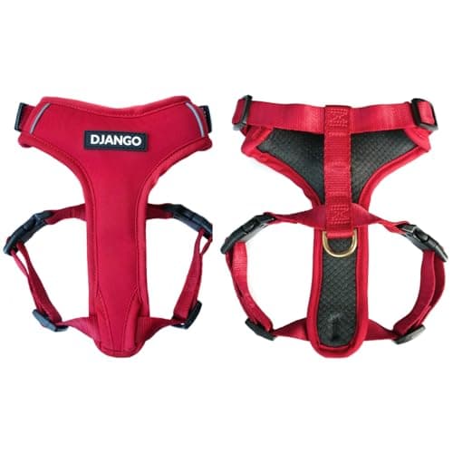 Image of DJANGO Adventure Dog Harness - Stylish and Durable Medium Dog Harness for Outdoor Adventures and Everyday Wear - Red Neoprene Adjustable Harness for Dogs with Reflective Piping, Solid Brass D-Ring