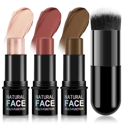 Image of LOPHE Cream Contour Stick Makeup Kit, 3Pcs with Brush Waterproof & Easy to Blend, Highlighter Blush Bronzer for Face Sculpting & Natural Glow for Effortless Cheekbones Definition for All Skin Tones