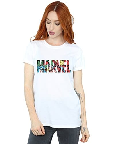 Image of Marvel Comics Women's Logo Character Infill Boyfriend Fit T-Shirt White Small
