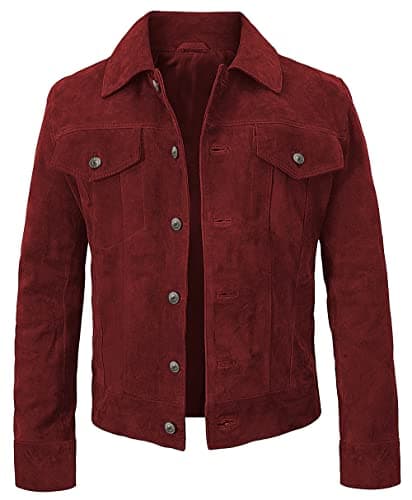 Image of Fashion_First Mens Suede Leather Biker Jacket Western Cowboy Style Genuine Goat Suede Trucker Jacket Maroon Leather Jacket Men