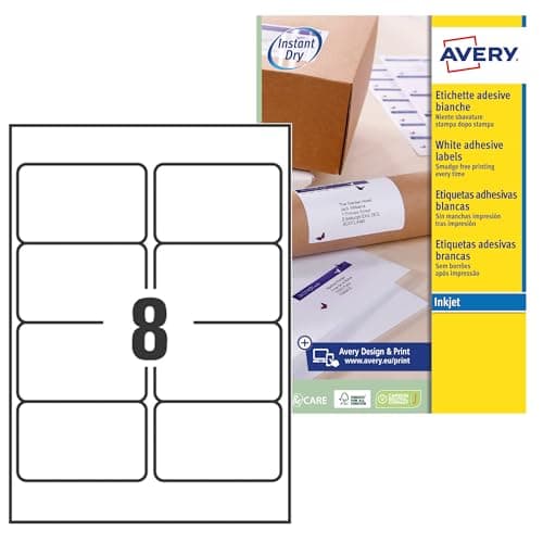 Image of Avery Smudge Free, Printable, Multi Purpose Labels, QuickDRY, 99.1 x 67.7 mm, White, 8 Labels per sheet, 200 Blank labels per pack (J8165-25)