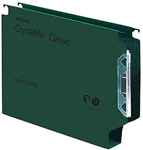 Image of Rexel 330 Lateral Hanging Files with Tabs and Inserts, 50 mm base, 100 Percent Recycled Manilla, Green, Crystalfile Classic, Pack of 25, 70672