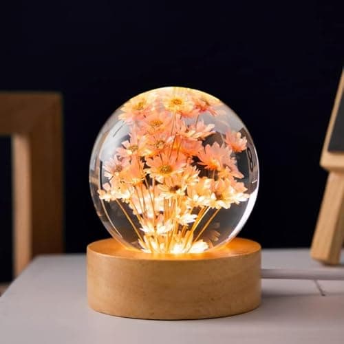 Image of MARZIUS Flower Crystal Ball Night Light,6cm Glass Ball Night Lamp with Wooden Base (Red Daisy)